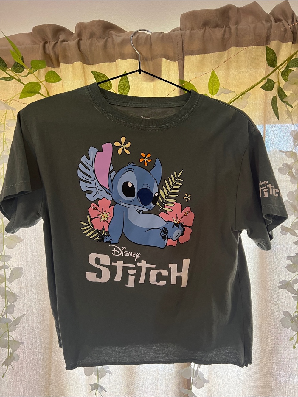 Disney Women’s Stitch Graphic Tee - Dark Green with Blue Print